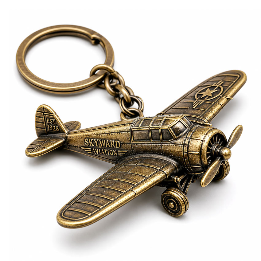 custom-metal-keychain-24 3D die cast airplane keychain with antique brass finish
