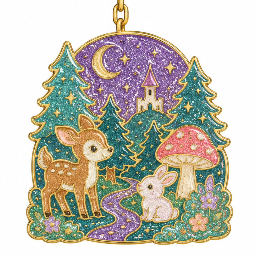 glitter-enamel-keychain Glitter enamel keychain with colorful fantasy themed artwork