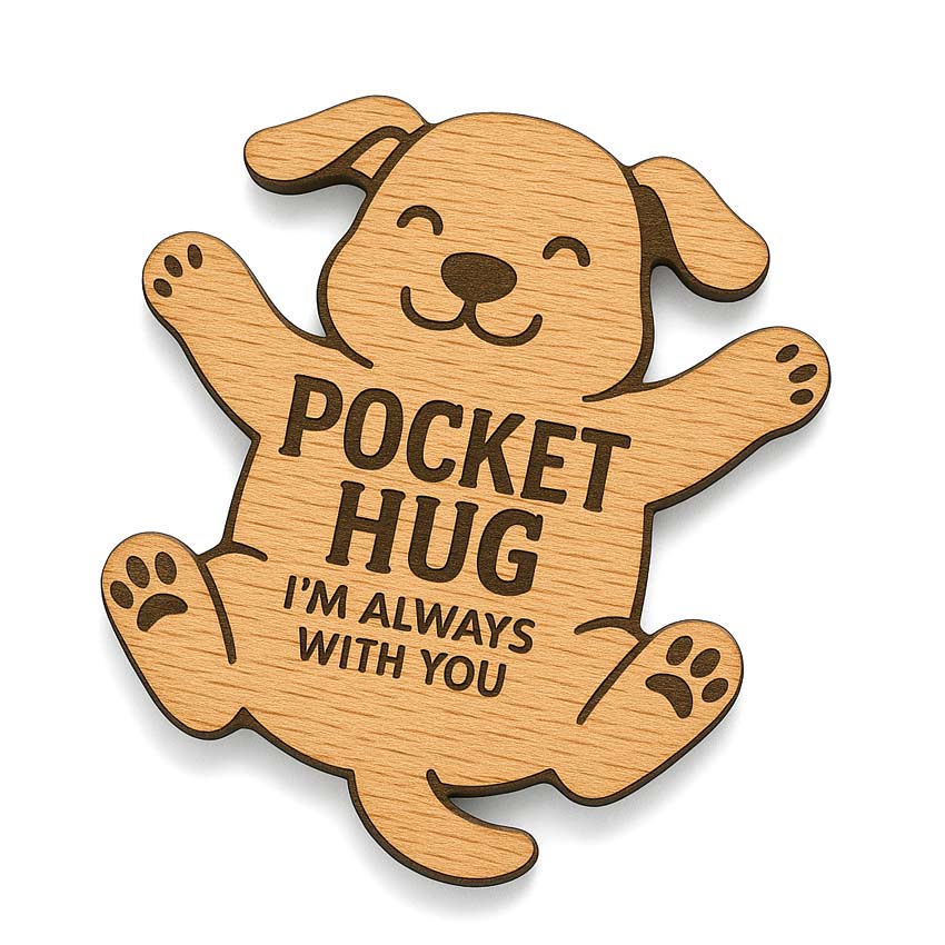 custom laser engraved logo cut out shaped happy dog pocket hug