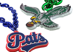 Custom EVA chain necklace featuring a blue chain and a custom eagle mascot pendant, ideal for sports teams, school spirit merchandise, promotional events, and fan giveaways.
