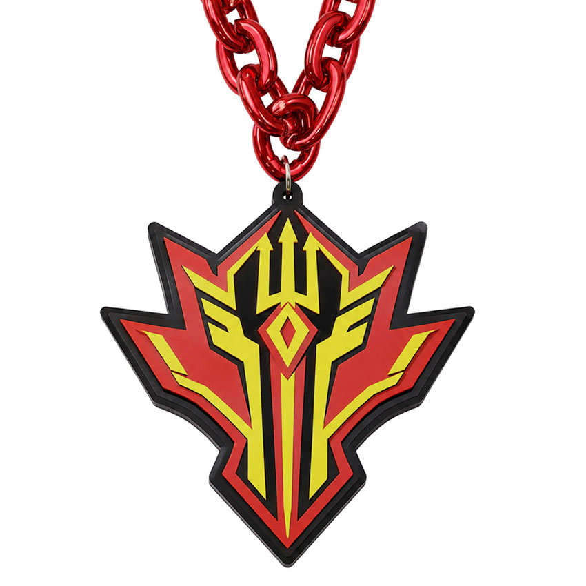 custom-foam-chain-2 Custom EVA chain necklace featuring a red metallic-look chain and a custom geometric shield pendant, designed for esports teams, sports branding, promotional products, and event souvenirs.