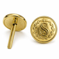 Personalized gold plated long shank metal button featuring a 3D embossed "S" logo surrounded by a laurel wreath for designer suits.