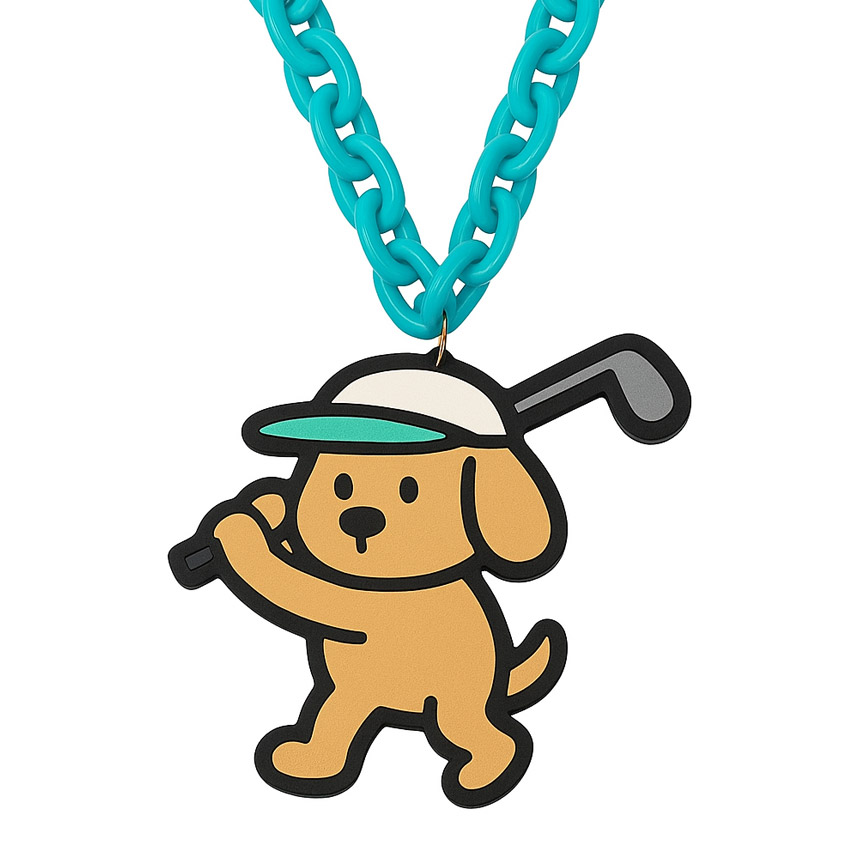 foam-chain-necklace-35 Custom EVA foam chain necklace featuring a golf-themed mascot pendant and turquoise chain, ideal for golf tournaments, sports team promotions, corporate golf events, fan merchandise, and branded giveaways.