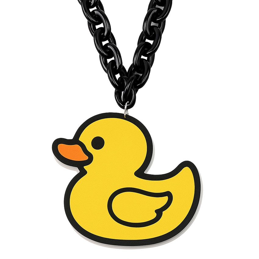 foam-chain-necklace-36 Custom EVA foam chain with a cartoon duck-shaped pendant and black chain, suitable for promotional campaigns, brand mascots, corporate events, and custom merchandise.