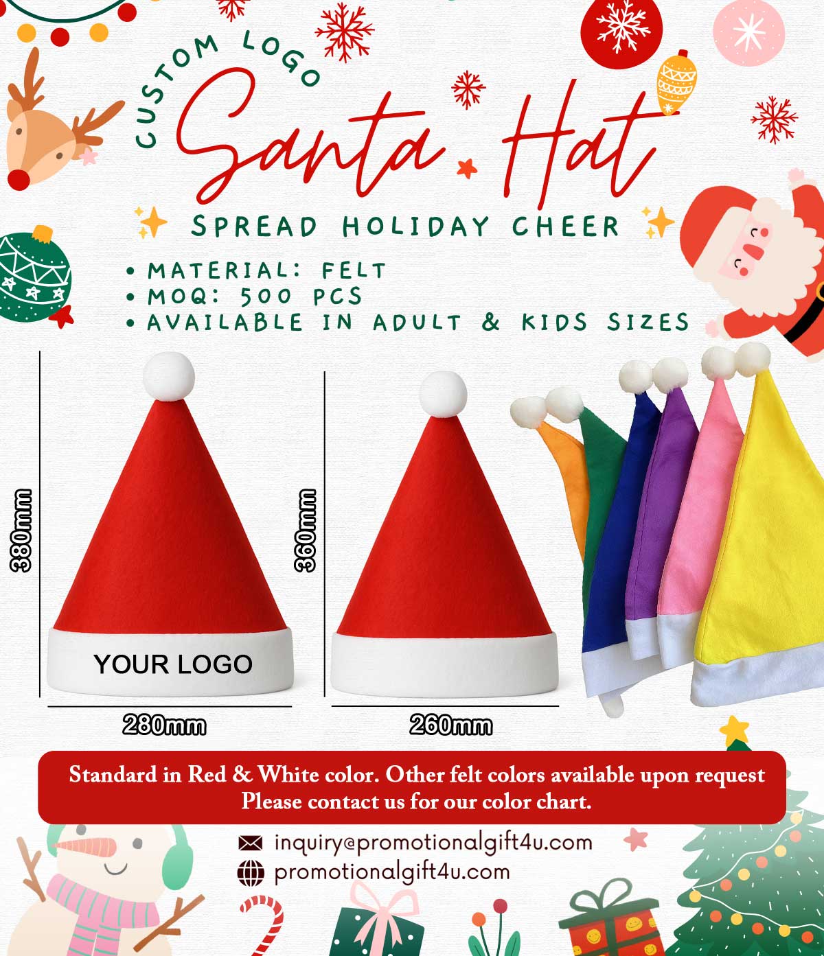 custom logo printed christmas santa hats whoesale