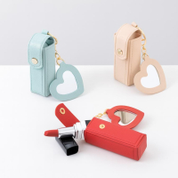 manufacturer PU leather lipstick holder bag charm with mini compact mirror