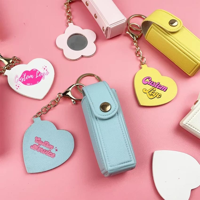 Wholesale PU leather Silkscreen Printed Logo Lipstick Bag Charm Keychains