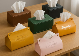 Custom leather tissue box holder with embossed logo for office desk