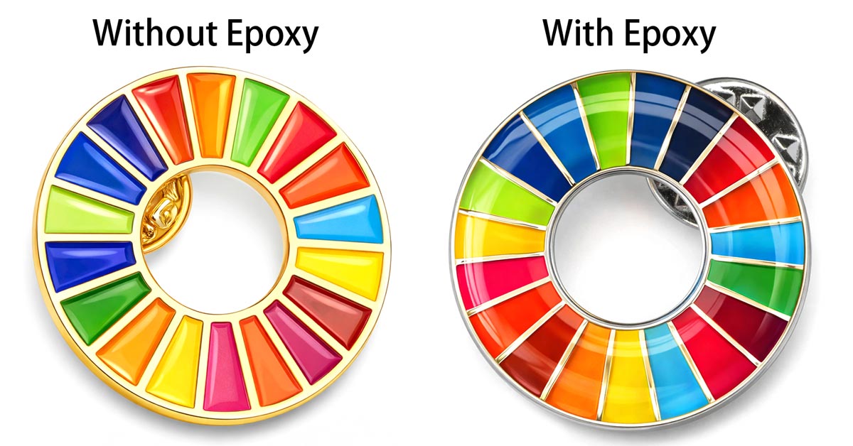 wholesale SDGS soft enamel lapel pin with and without epoxy coating comparison