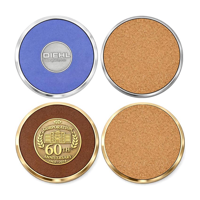 Custom Logo Metal Emblem Zinc Alloy Leather Coasters