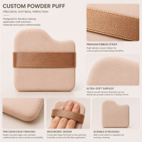 Custom powder puff features including ultra soft surface, durable strap, and ergonomic design for makeup application