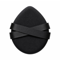 Black teardrop powder puff with cross strap, custom cosmetic tool for professional makeup brands