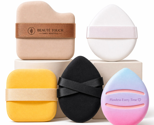 Custom powder puff with logo and premium cosmetic packaging, private label beauty tool for skincare brands