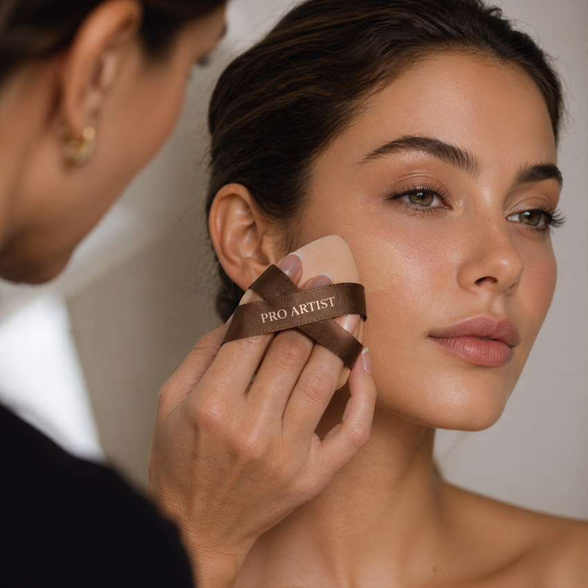 makeup artist using powder puff for professional makeup application