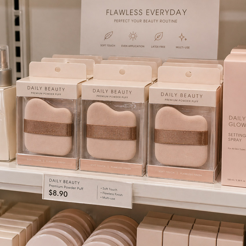 custom powder puffs displayed as retail beauty products with packaging