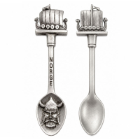 Fully custom antique silver souvenir spoon with 3D Viking ship and warrior design for collectible tourism souvenirs and destination merchandise