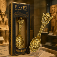 Egyptian themed collectible souvenir spoon with luxury retail packaging displayed in museum gift shop environment for tourism merchandise
