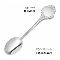 Classic ornamental souvenir spoon with round custom logo area and silver plated finish for museum gift shops and travel souvenir collections