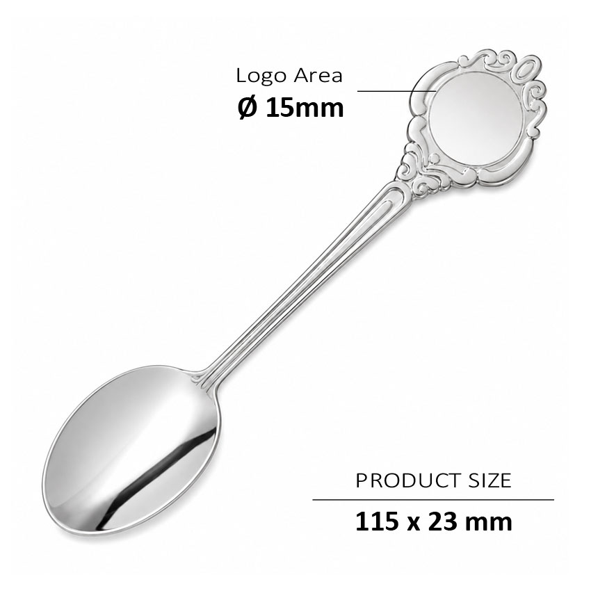 Classic ornamental souvenir spoon with round custom logo area and silver plated finish for museum gift shops and travel souvenir collections
