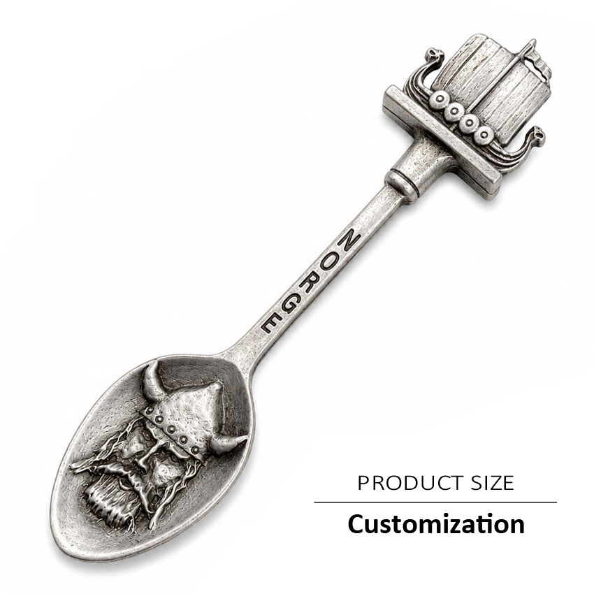 Fully custom souvenir spoon with 3D sculpted handle design and antique silver finish for collectible souvenir and tourism merchandise projects