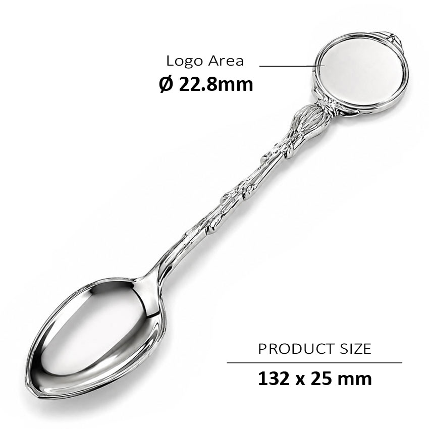 Decorative handle souvenir spoon with large custom logo area and polished silver finish for commemorative gifts and promotional merchandise