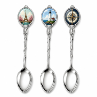 Custom souvenir spoons featuring landmark artwork, lighthouse illustration, and compass design for tourism merchandise and collectible souvenir retail