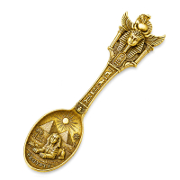 Gold plated souvenir spoon with Egyptian pharaoh and pyramid design for museum merchandise and collectible souvenir programs