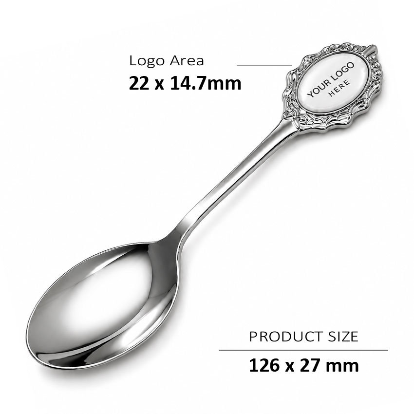 Stainless steel souvenir spoon with engraved logo insert area for collectible retail merchandise and tourism souvenir programs