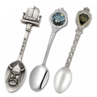 Different custom souvenir spoon styles including antique silver, decorative handle, and branded collectible spoon designs