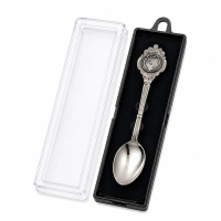 Collectible souvenir spoon in clear plastic display box packaging with black insert for retail display and commemorative merchandise