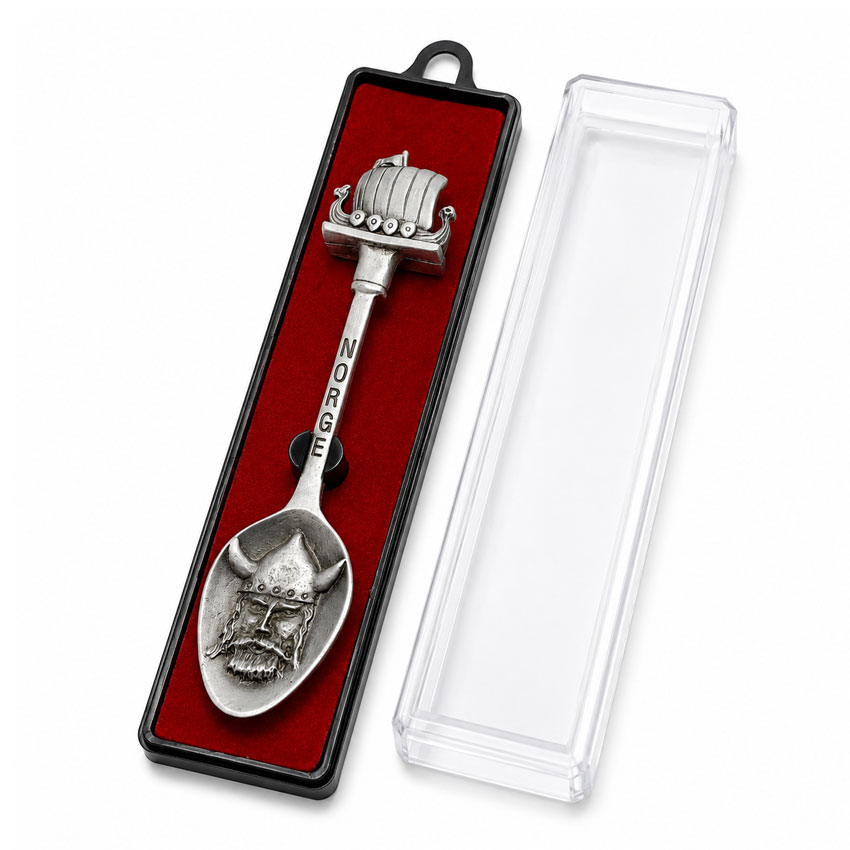 Antique style custom souvenir spoon packaged in transparent plastic display box for collectible retail and tourism souvenir programs
