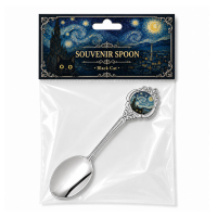 Custom souvenir spoon packaged in clear OPP bag with printed header card for tourism retail and promotional souvenir merchandise