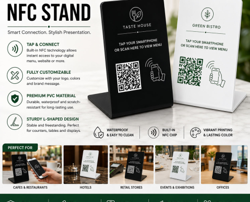 Custom waterproof PVC NFC table display stand with QR code, NFC chip, and branding options