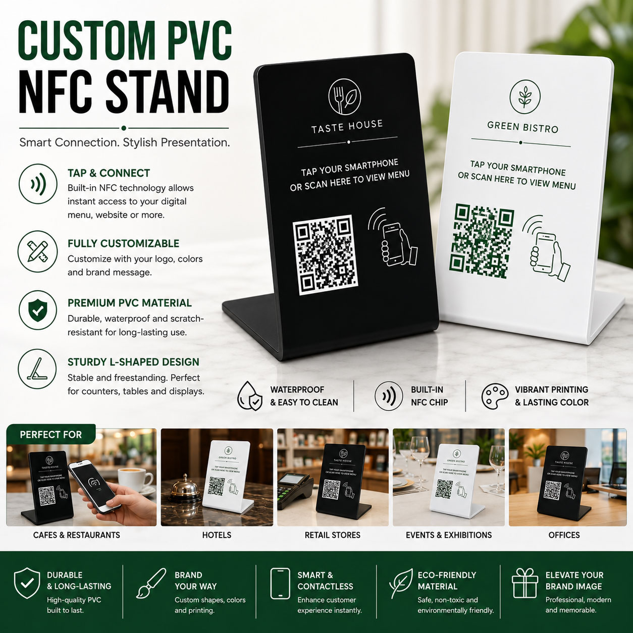 Custom PVC NFC Table Display Stand Features Custom waterproof PVC NFC table display stand with QR code, NFC chip, and branding options