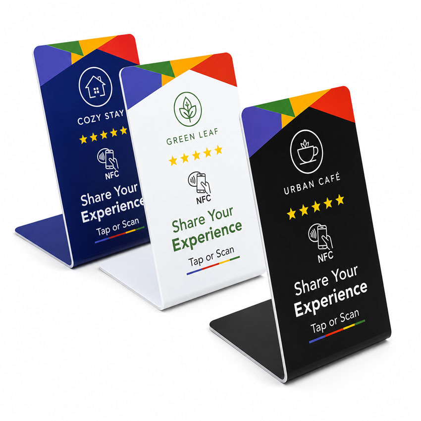 Custom Printed NFC Display Stand Design Options Custom NFC and QR code table display stands with full-color branding and logo printing