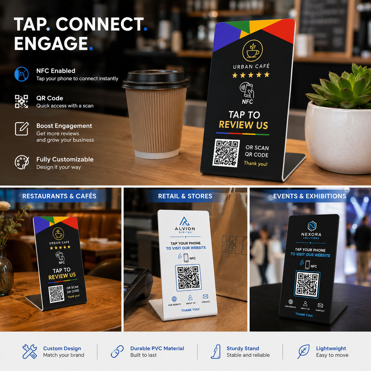 NFC Table Display Stand Applications Across Industries NFC table display stands used for restaurants, retail stores, exhibitions, and business promotion