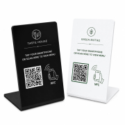 Custom NFC Table Display Stands with QR Codes Black and white custom NFC table display stands with QR codes for digital menus and customer engagement
