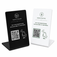 Black and white custom NFC table display stands with QR codes for digital menus and customer engagement