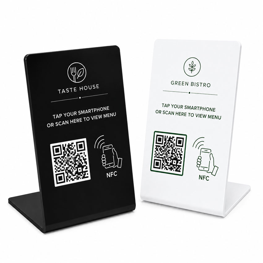 Custom NFC Table Display Stands with QR Codes Black and white custom NFC table display stands with QR codes for digital menus and customer engagement