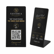 Black Custom NFC Menu Display Stand Black NFC table display stand with custom logo and QR code for restaurant menu access