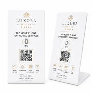 White custom NFC table display stand with QR code for hotel services Custom branded hotel service NFC display table stands wholesale