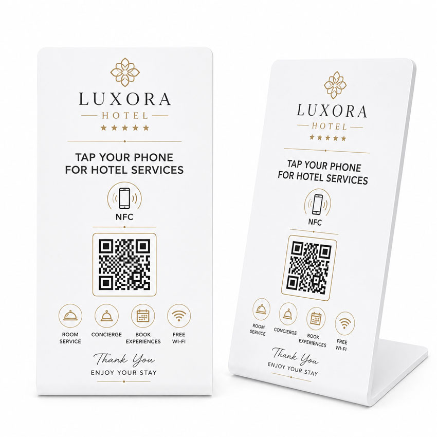 White custom NFC table display stand with QR code for hotel services Custom branded hotel service NFC display table stands wholesale