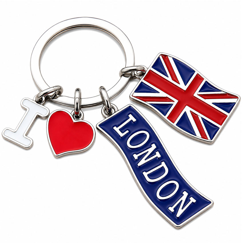 custom-soft-enamel-keychains Custom enamel charm metal keychain with travel-themed charms, ideal for souvenir shops, promotional gifts, tourism merchandise, and OEM branding projects