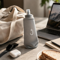 Bulk supplier of custom printed soft flasks showing a minimalist grey collapsible water bottle with a star logo next to office essentials, highlighting personalized promotional sports bottles for corporate clients.