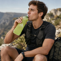 Trail runner drinking from a custom lime green soft flask with a private label logo, highlighting product durability and practical outdoor use.
