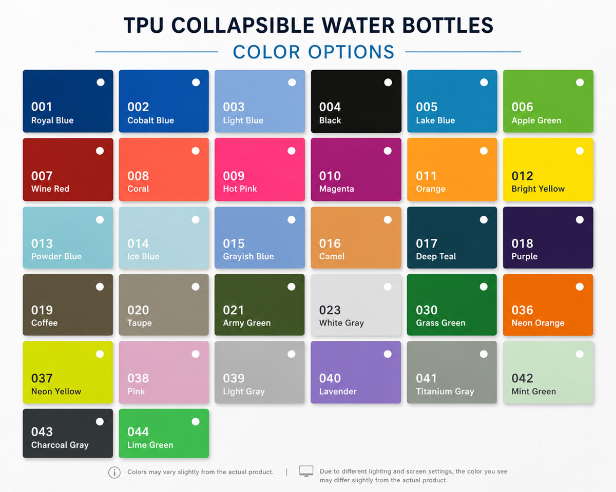 Custom Soft Flask Color Options – TPU Collapsible Water Bottle Color Chart Available TPU soft flask color options for custom logo collapsible water bottles, featuring stock colors for 150ml, 250ml, and 500ml hydration flasks used in promotional events, sports brands, and corporate giveaways.