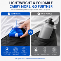 Custom soft flask water bottles compared with traditional rigid water bottles, highlighting lightweight, foldable, portable, and space-saving benefits for sports and outdoor activities