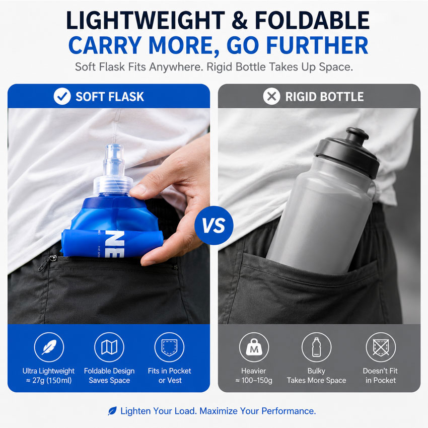 Custom soft flask water bottles compared with traditional rigid water bottles, highlighting lightweight, foldable, portable, and space-saving benefits for sports and outdoor activities
