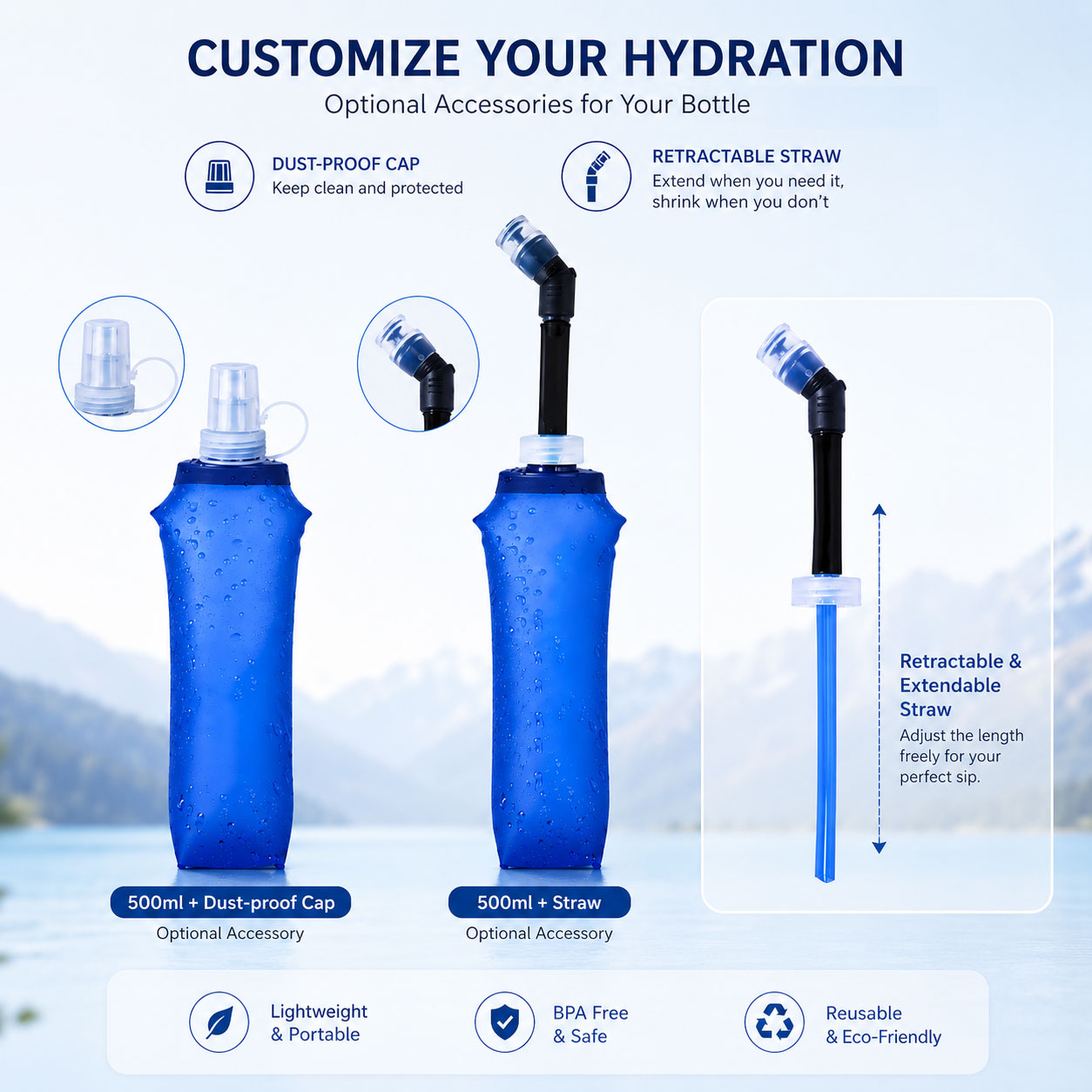 Custom Soft Flask Optional Accessories – Dust-Proof Cap & Retractable Straw 500ml custom soft flask water bottle with optional dust-proof cap accessory and retractable extendable drinking straw for outdoor sports, running, hiking, and promotional branding.