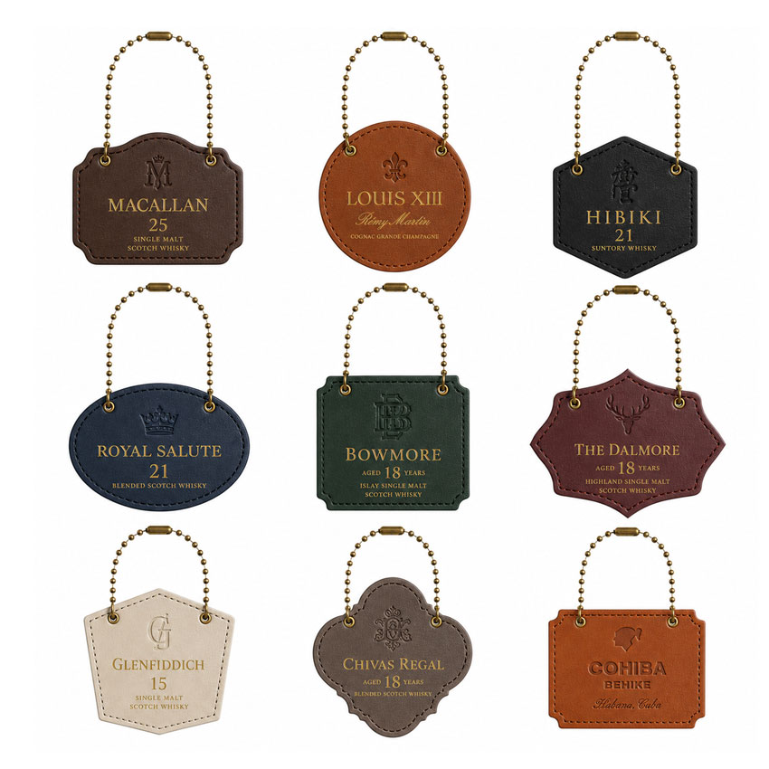 Leather Bottle Tags in Luxury Gift Presentation Custom leather bottle tags displayed in an upscale gift packaging environment